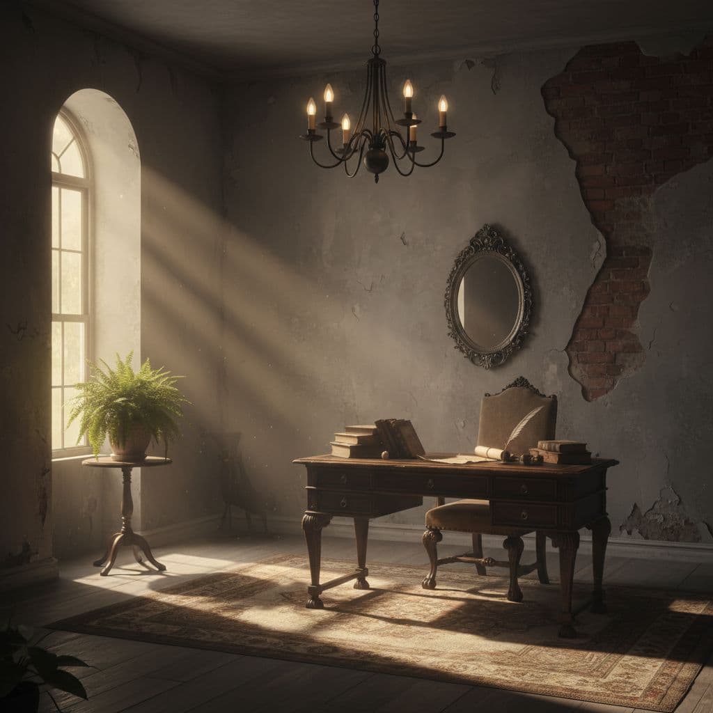 AI generated:  A photograph of a dimly lit, rustic room with a vintage wooden chair and desk, a small mirror, and ...