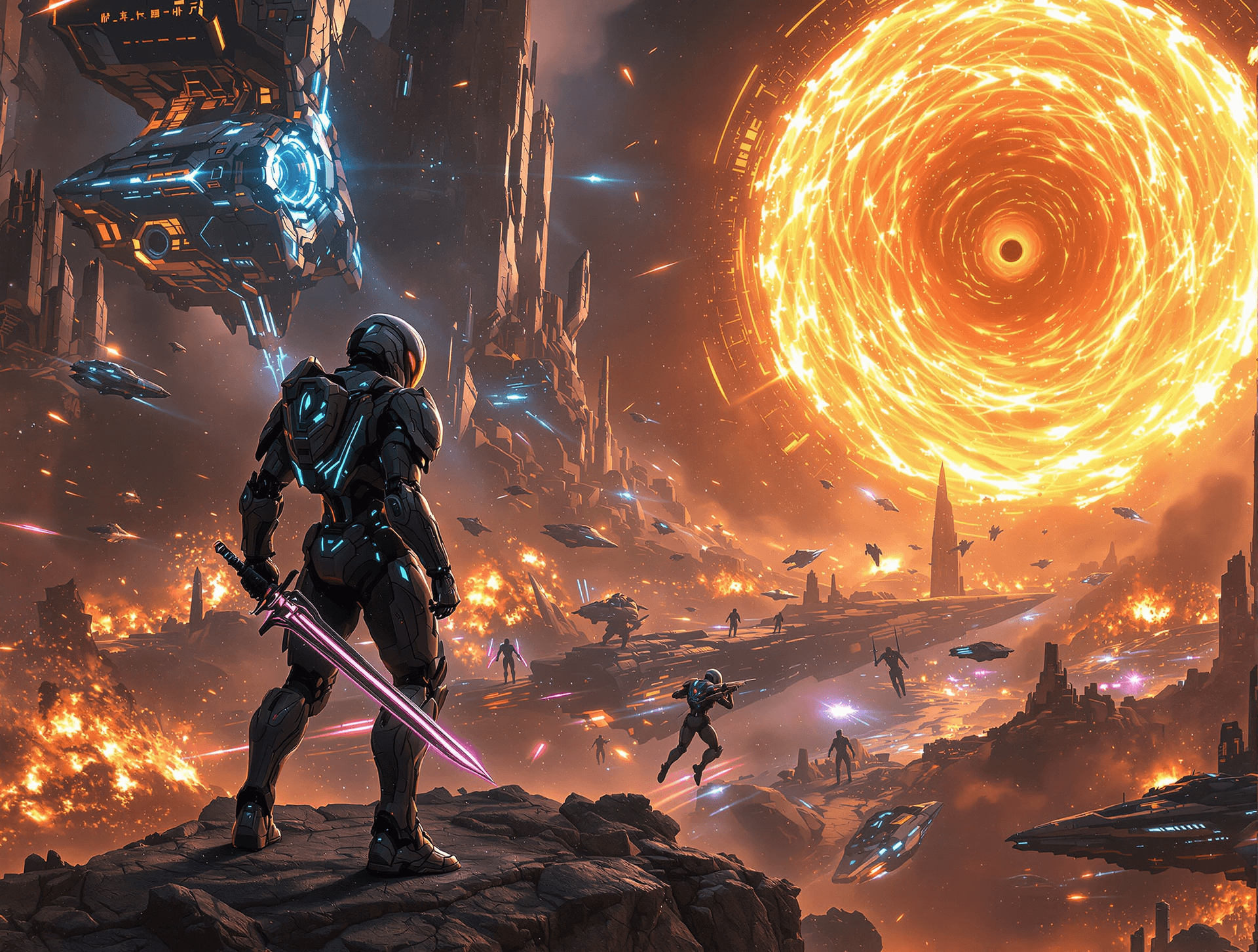 AI generated: A breathtaking **sci-fi battle scene** unfolds on a **colossal, war-torn space station** orbiting a ...