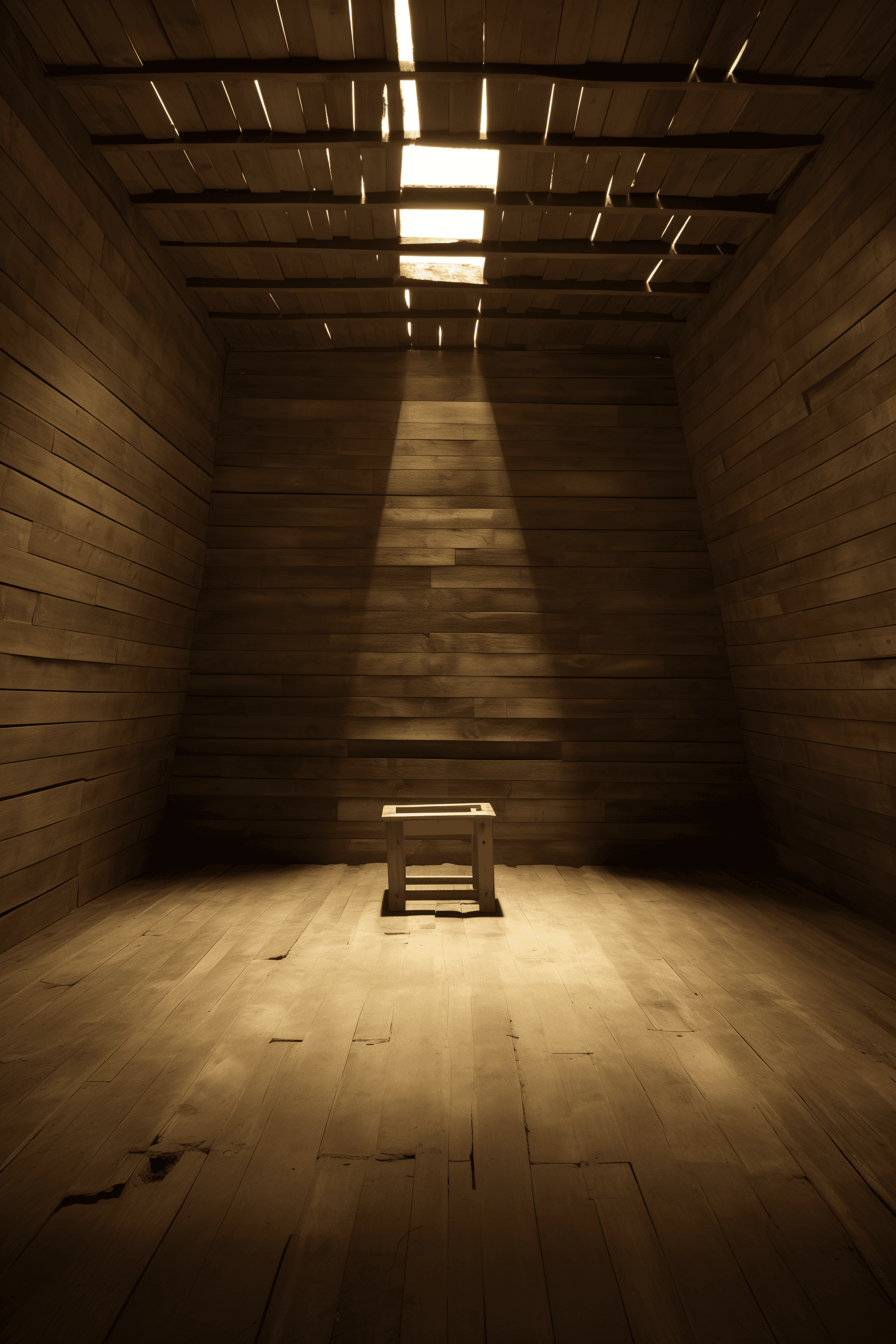 AI generated: The inside of an empty wooden tank, with the walls and floor covered in dark brown rough wood planks...