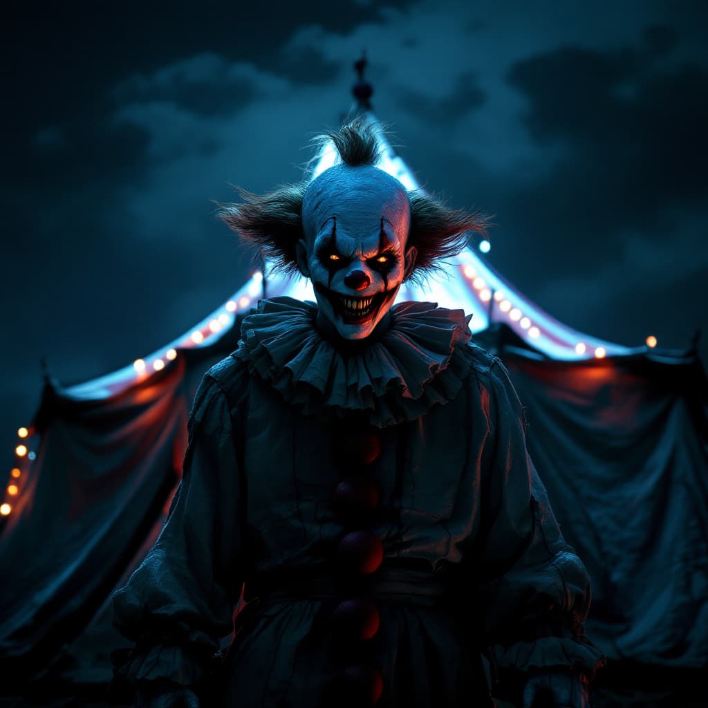 AI generated: A terrifying evil clown stands menacingly in front of a circus tent at night. The scene is captured ...