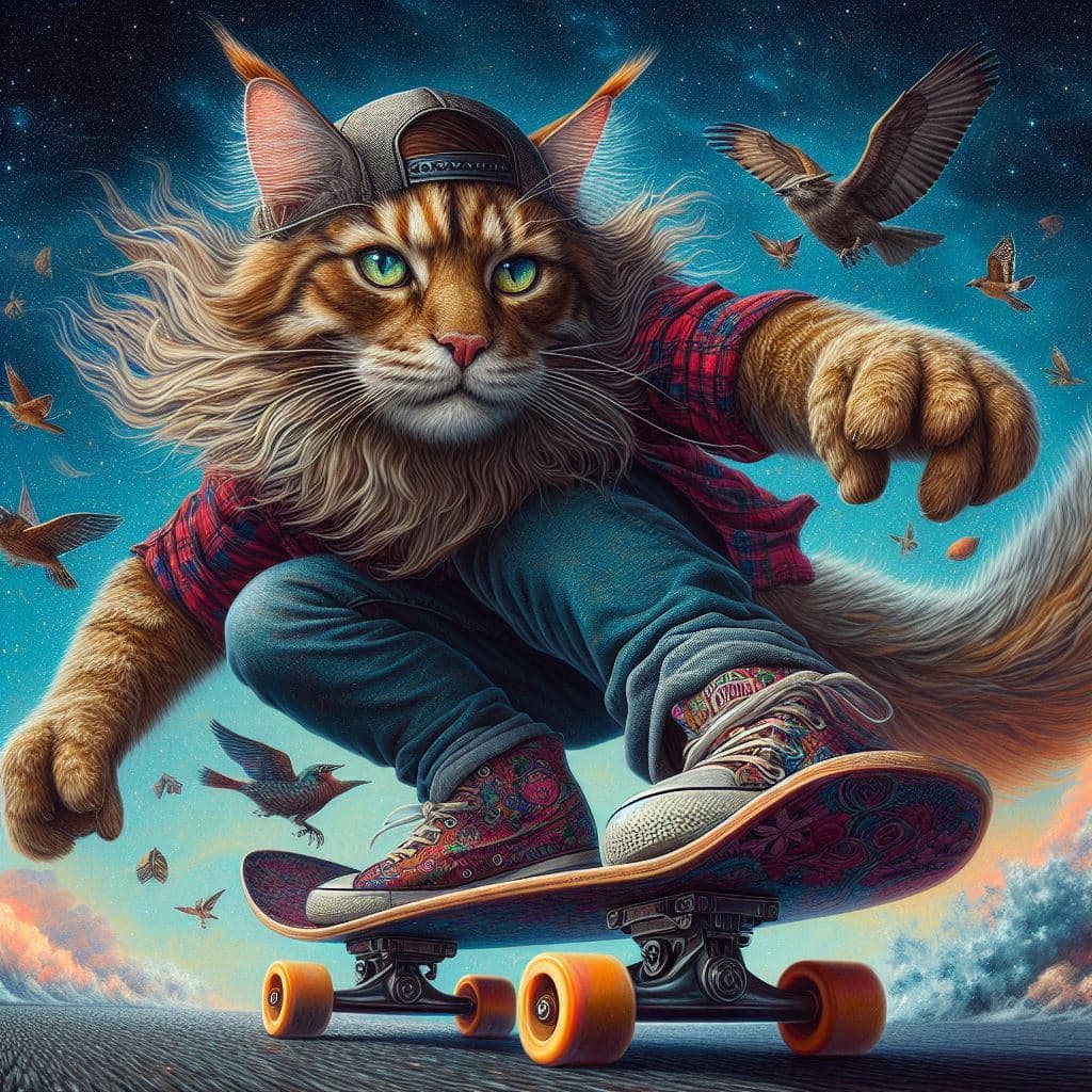 AI generated: A Maine Coon skateboarding, surrealism, lowbrow art