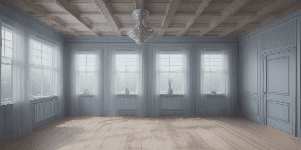AI generated: High resolution photography, wooden floor, ceiling window only, high ceiling, silver blue grey paste...