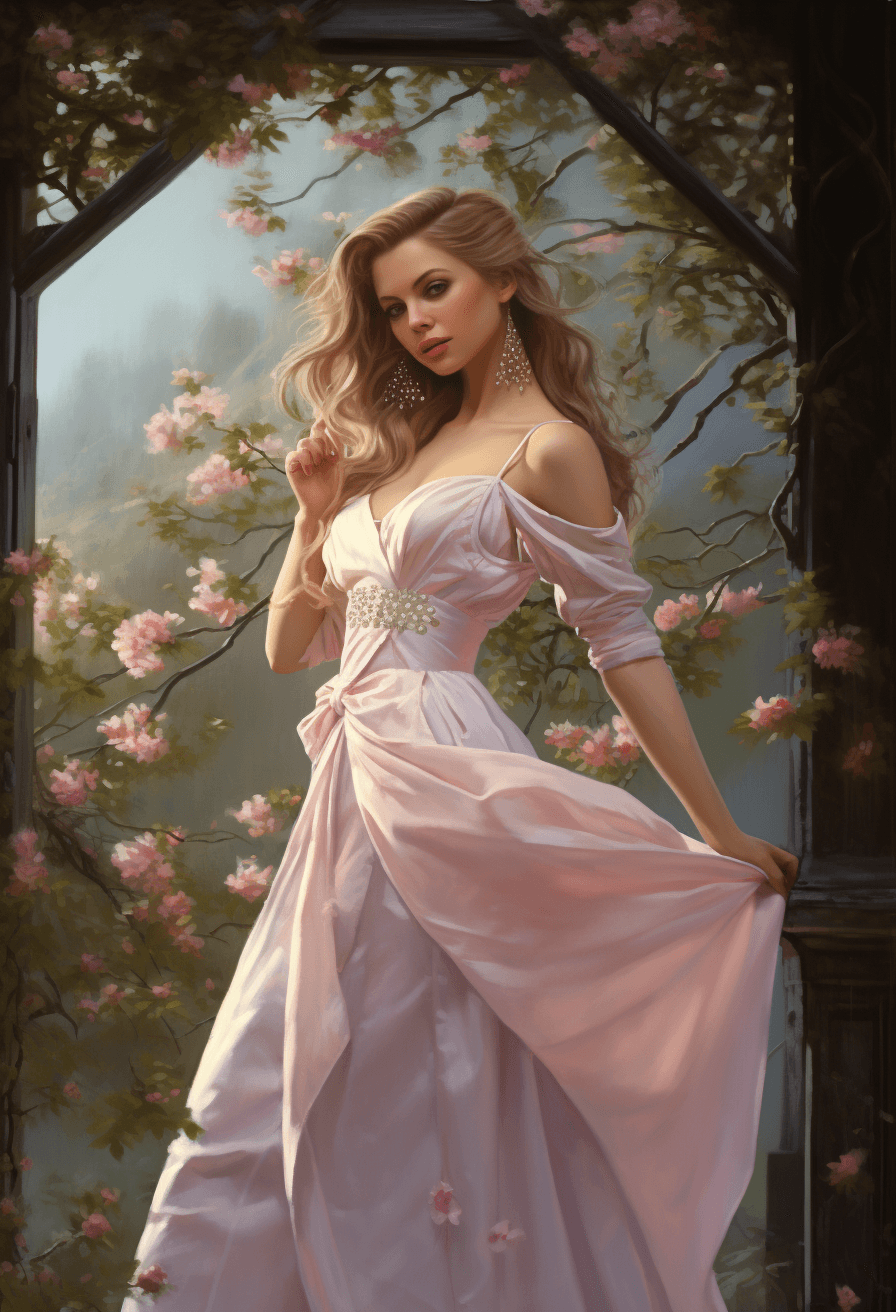 AI generated: A girl in a white dress in a spring time in the garden, in the style of photorealistic renderings, f...