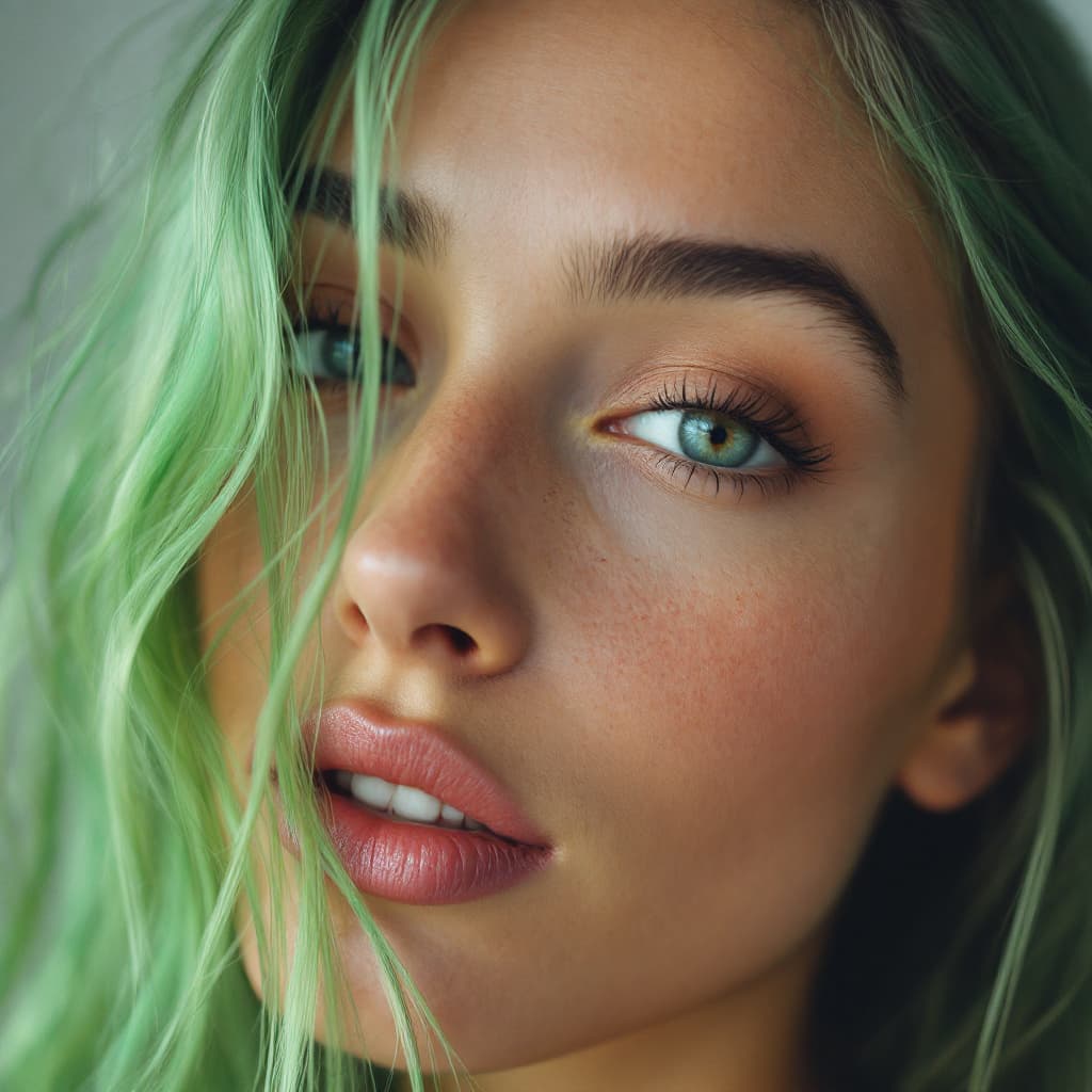 AI generated: Close-up portrait of a woman from Québec, mixed face, no make-up just natural, with green long hair,...