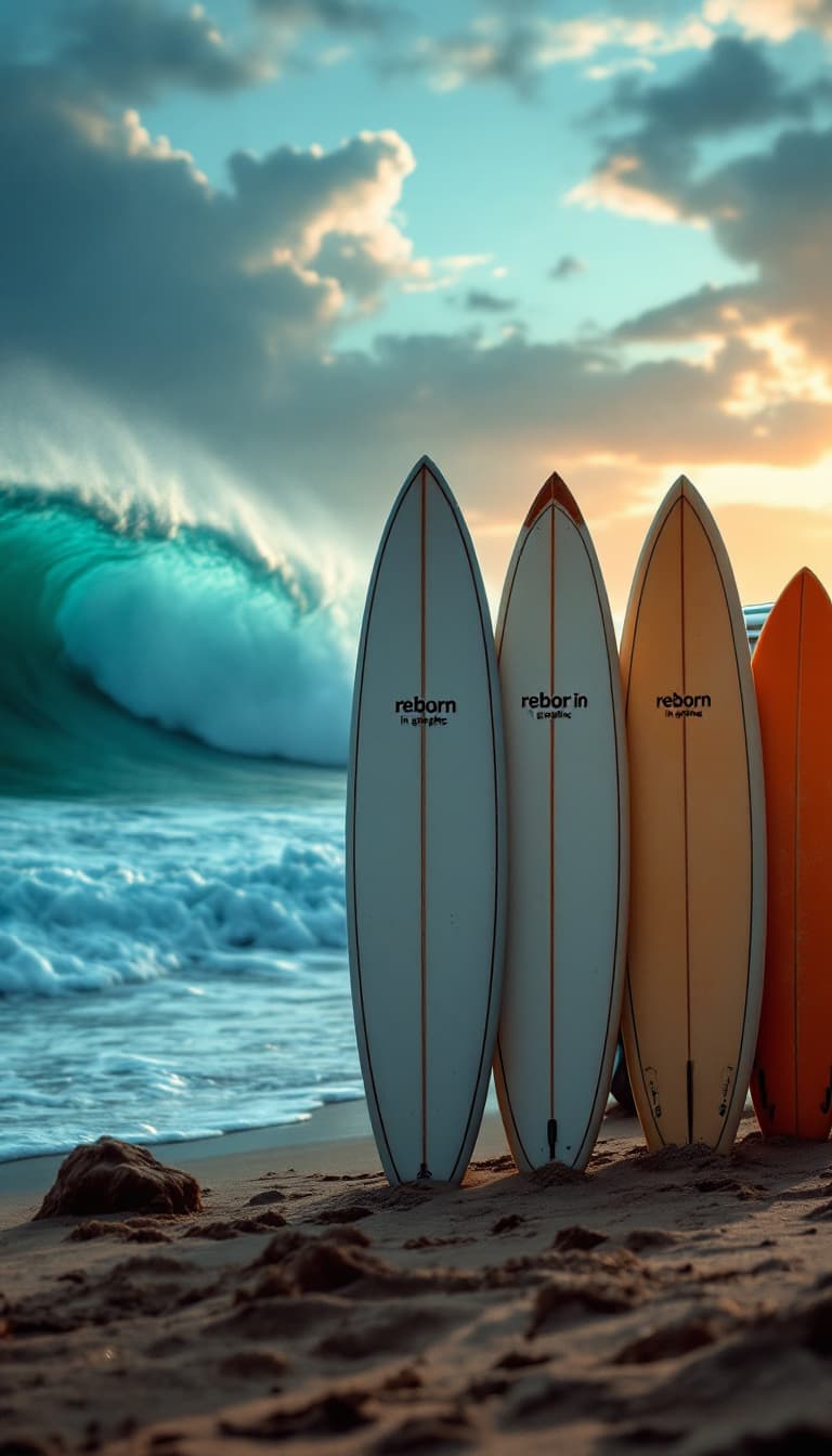 AI generated: A highly detailed distant ,ultra high definition pro photo of a five surfboards standing in the sand...