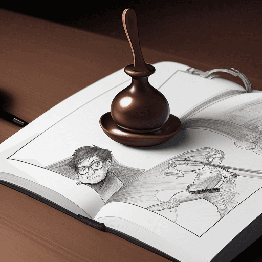 AI generated: Draw a book and a spoon fighting in an unusual setting. The book should have an academic appearance,...
