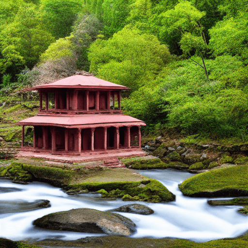 AI generated: Ancient Indian architect temple in the mid of green forest, river following through, uhd, reallity 
