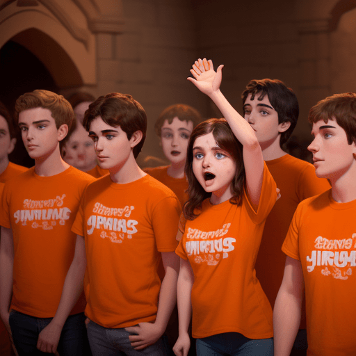 AI generated: young people with orange t-shirts worshiping the newborn baby Jesus disney pixar
