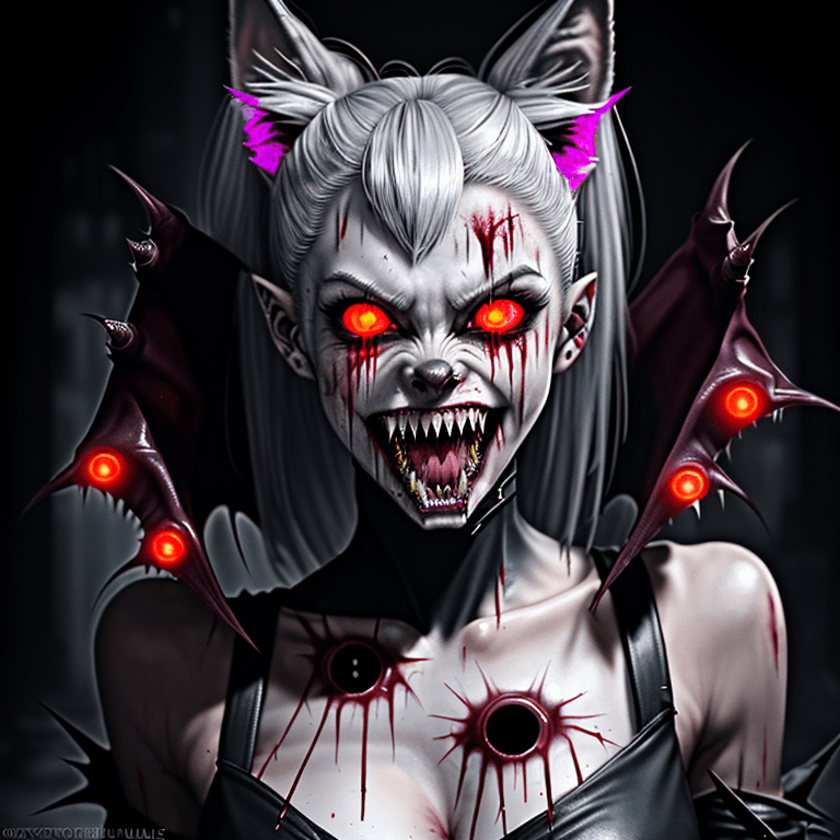 AI generated: full body female portrait (blood-soaked, pointy ears, werewolf, cyberpunk, vampire, (glowing eyes), ...