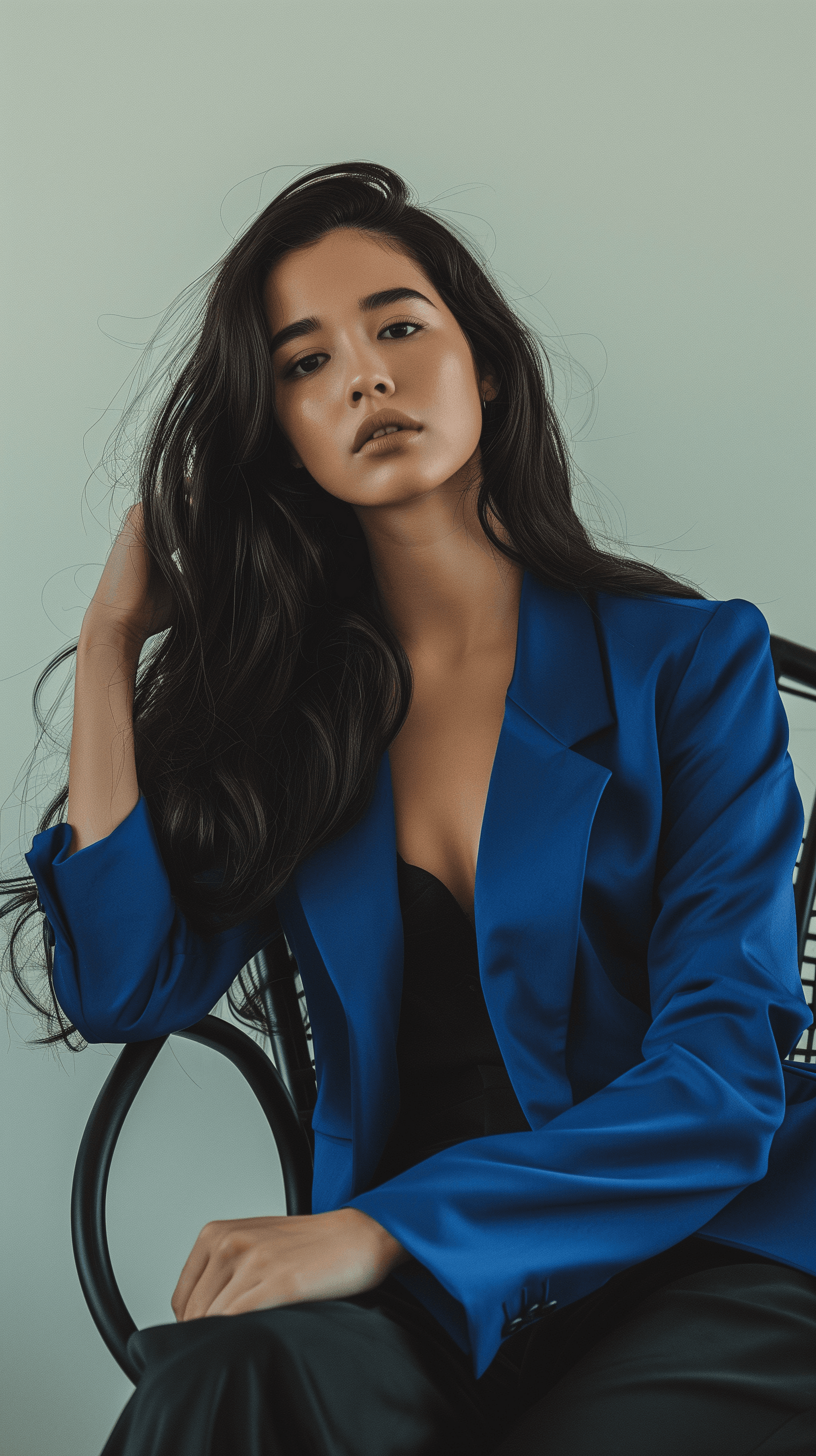 AI generated: image of a young woman with long black hair, striking and contemporary photo-shoot within a minimali...