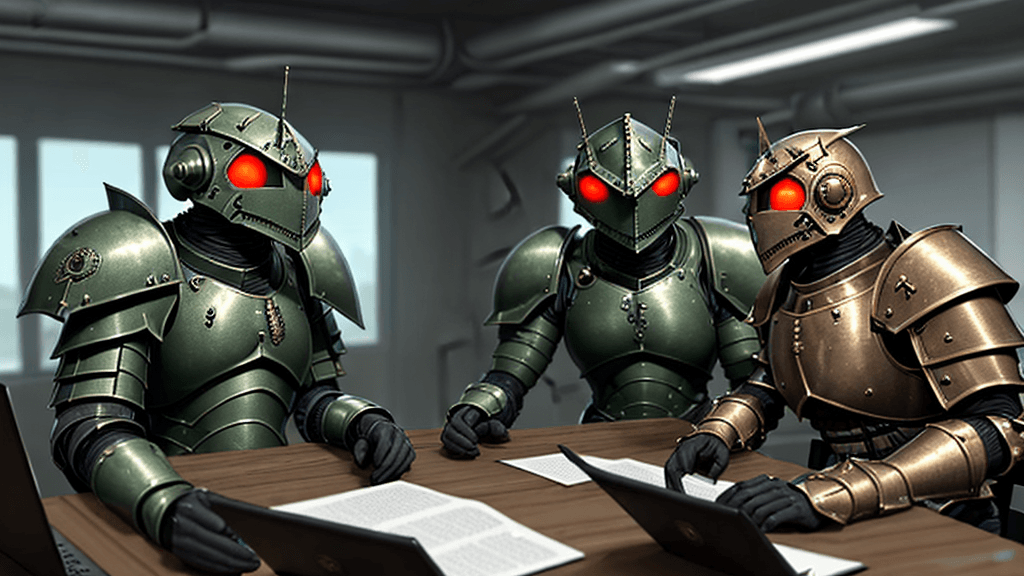 AI generated: Armoured warriors discussing in a secret lab, human eyes
