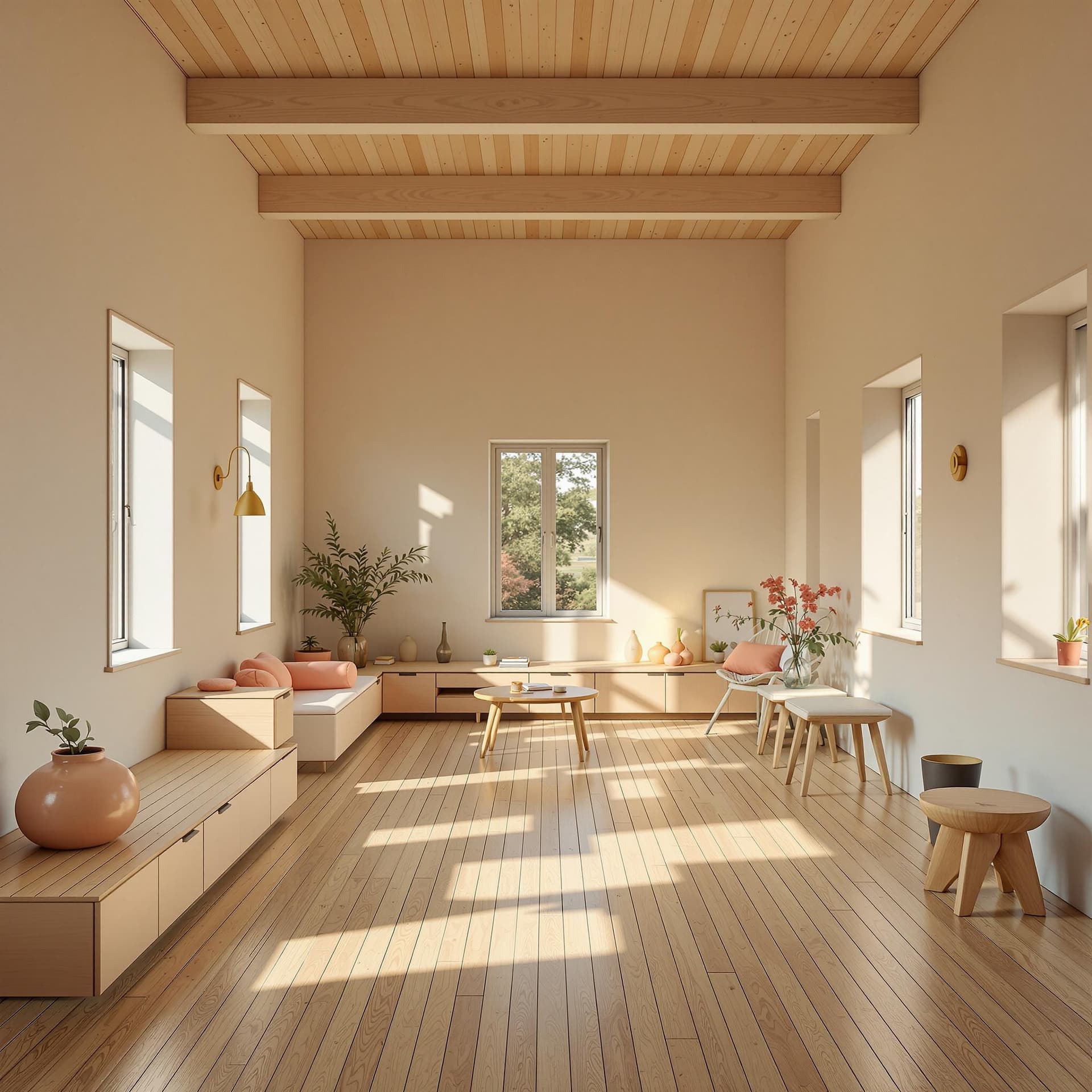 AI generated: High resolution photography exterior school design, dreamy sunken wooden floor, small windows openin...