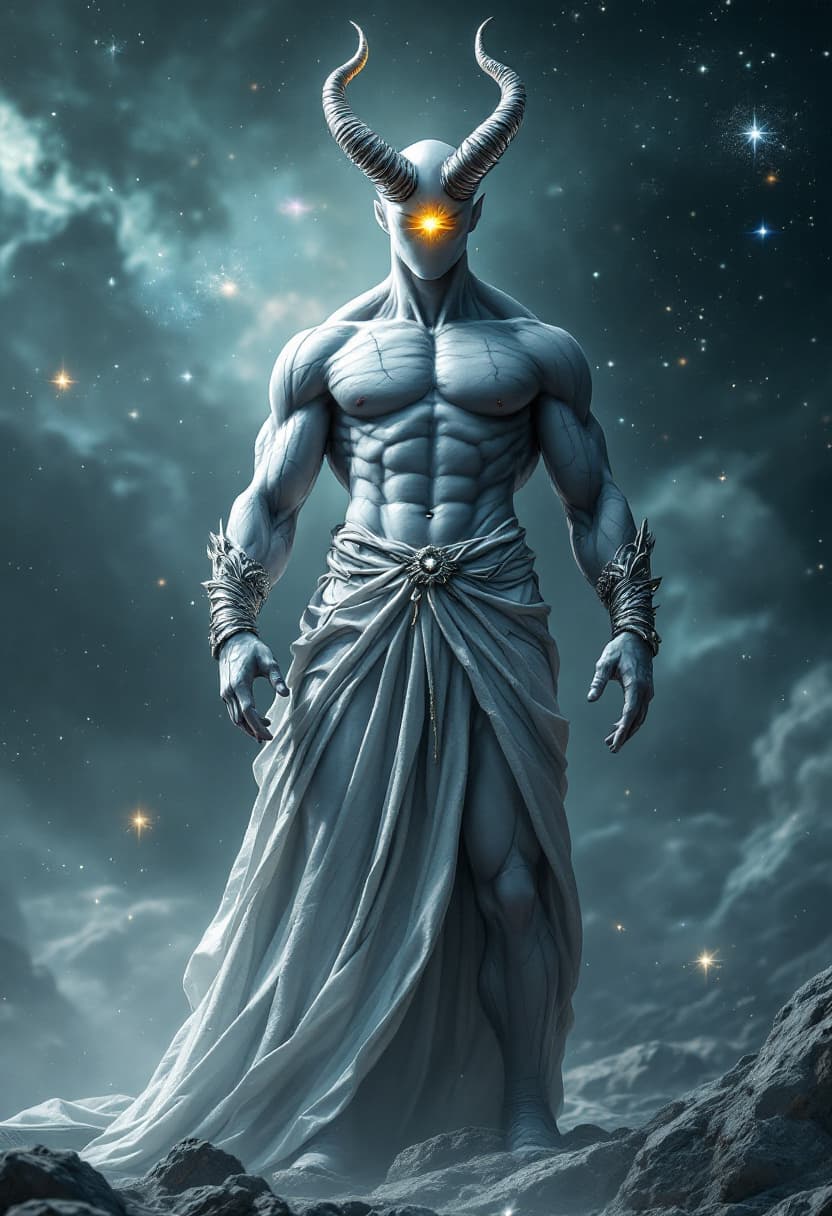 AI generated: God of Gods, full-body, No Hair or mouth, Marble Skin, Etherial, muscular, one Glowing Golden eye an...