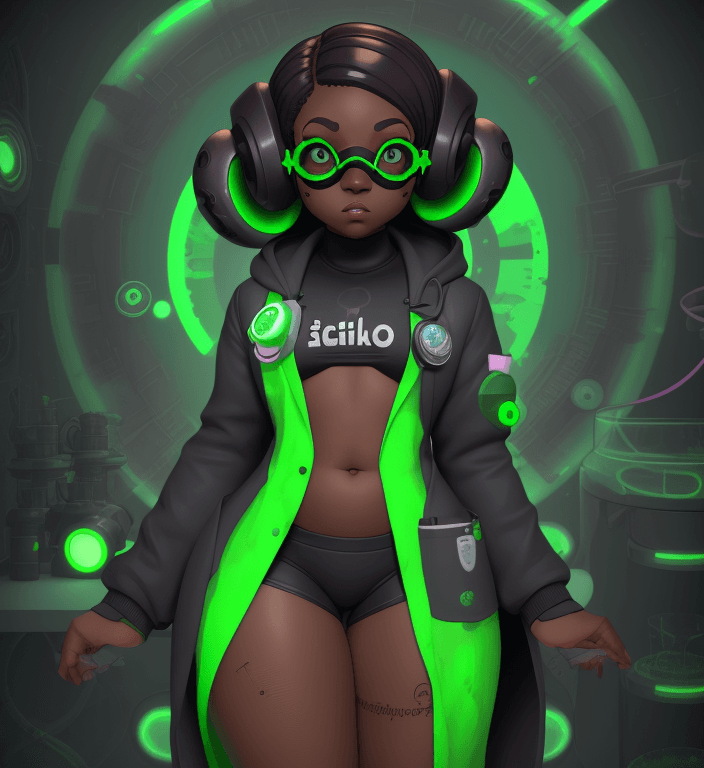 AI generated: octoling girl, adult, dark skin, thick thighs, splatoon, futuristic tech, hypnosis, hypnotized, lab ...