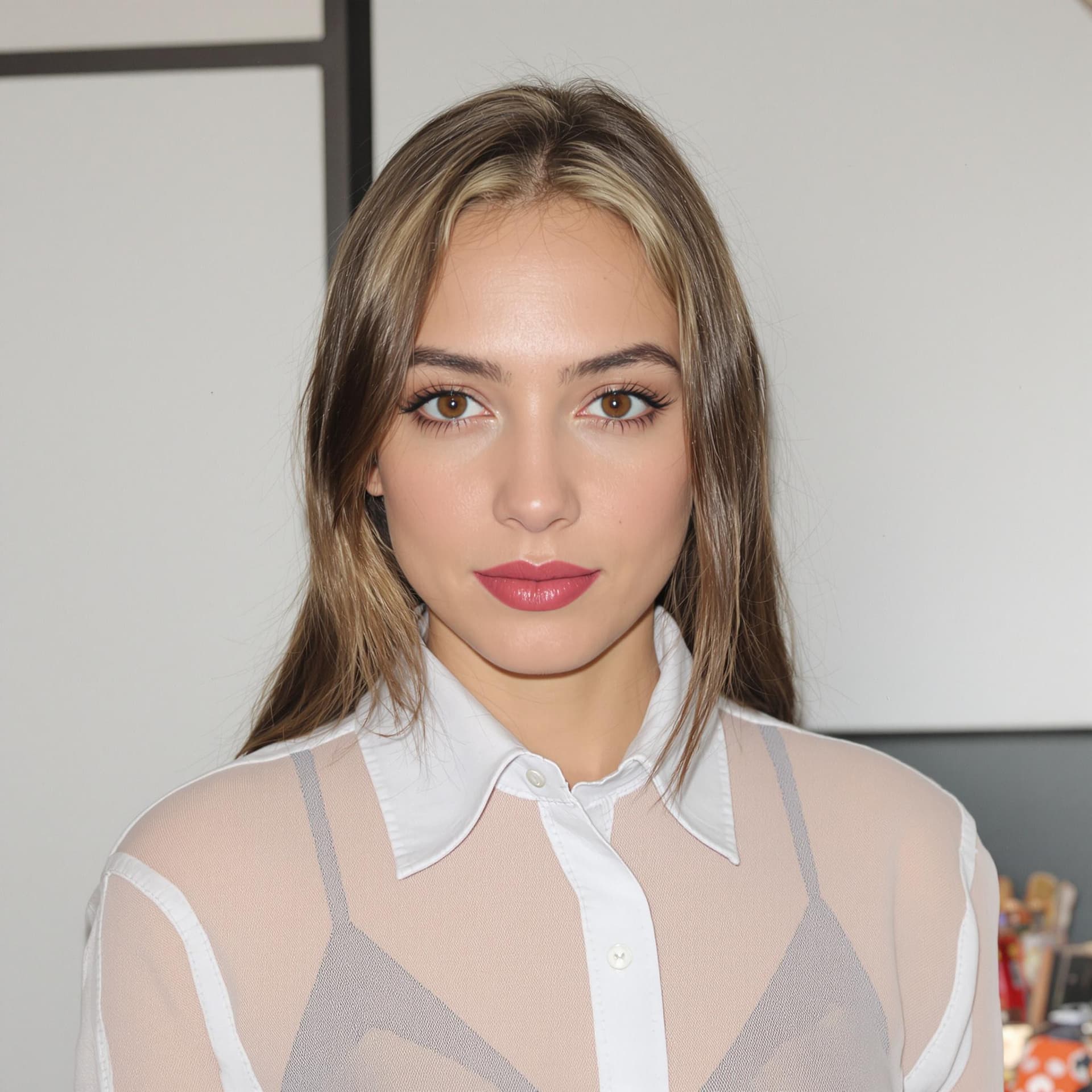 AI generated: a woman wearing white seethrough. shirt, looking at camera