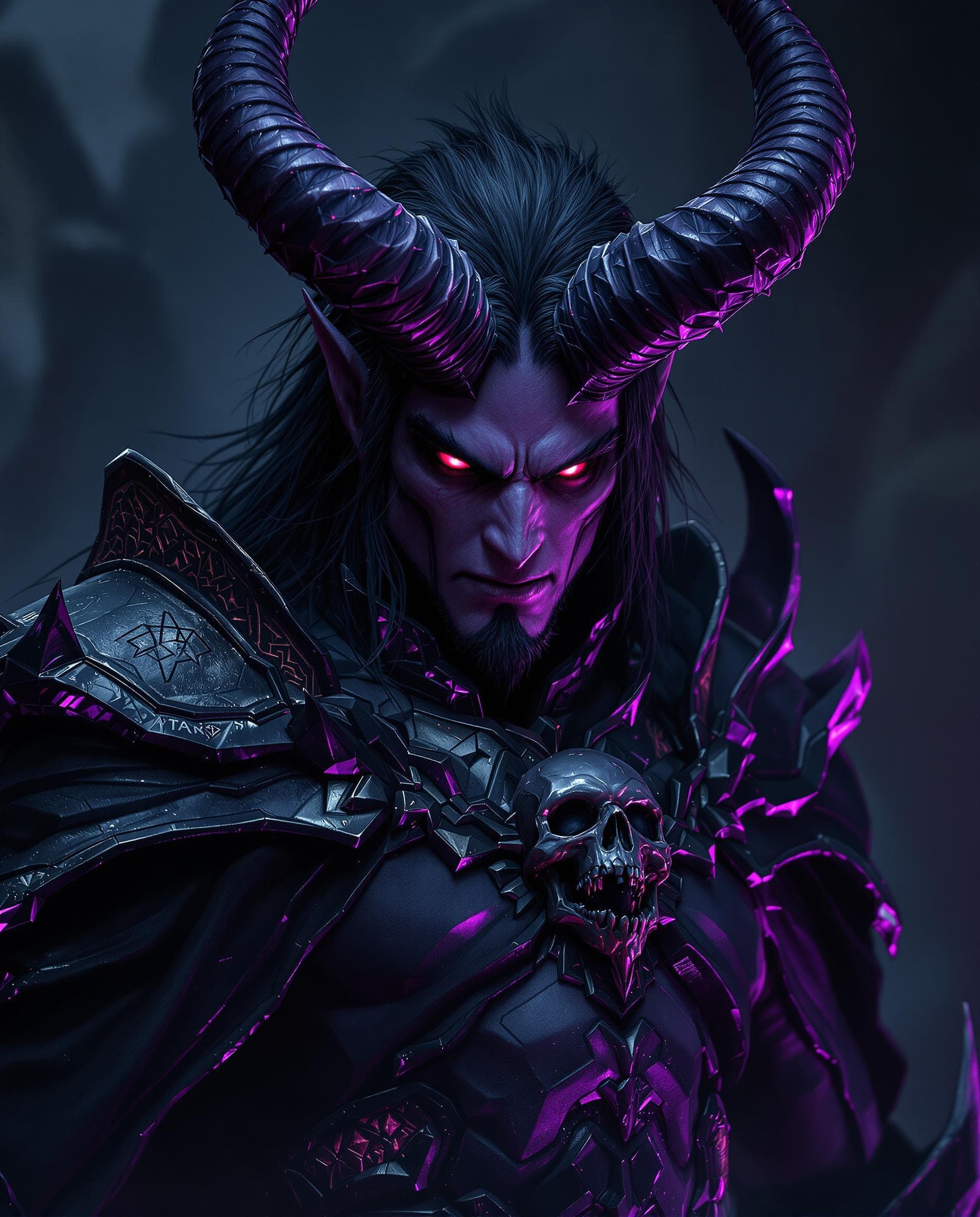 AI generated: a male purplish-skinned demon, fierce horns emanating from his head, piercing red eyes, long raven-b...