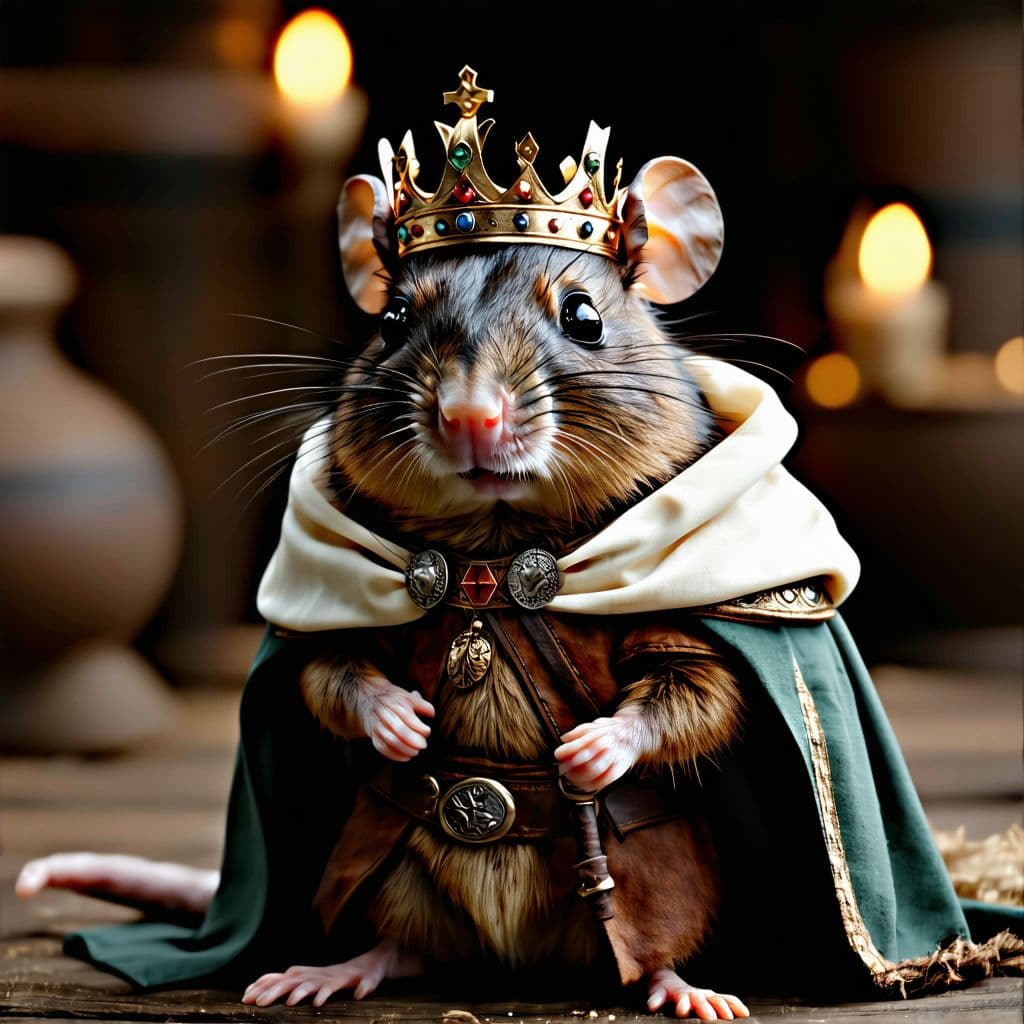 AI generated: cinematic film still awardwinning photo cute stocky snooty brown mole, rust, epic, wearing medivel r...