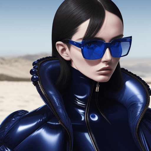 AI generated: Fashion shoot, Jacquemus and Moncler collaboration: dark blue translucent futuristic sunglasses, hyp...