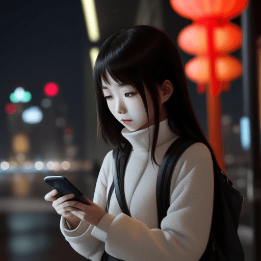 AI generated: chinese girl using a cell phone at night, only one phone, photo