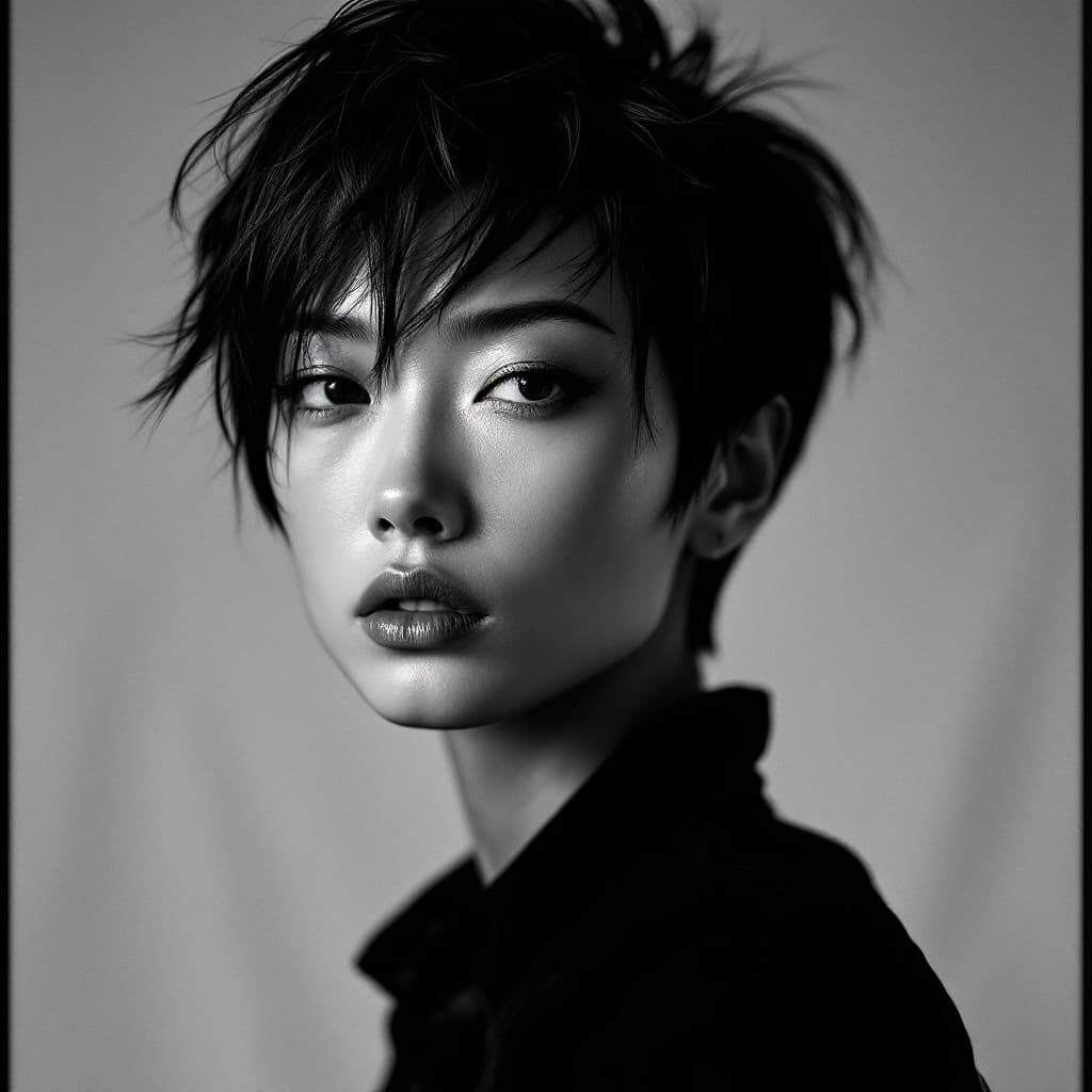 AI generated: High-fashion portrait of an androgynous 55 years old Chinese supermodel with short hair, fashion mag...