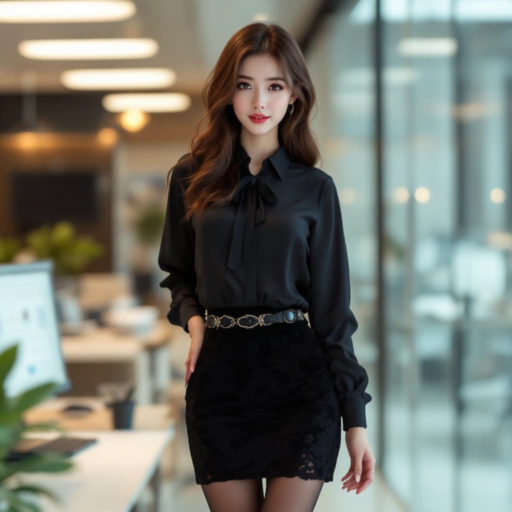 AI generated: A highly attractive anime  woman .  A pretty model wearing a black blouse with a black lace skirt an...
