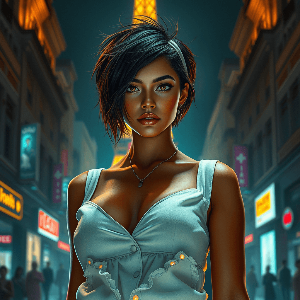 AI generated: Image of an european woman with an beautiful face, almond-shaped eyes, and bronze skin, standing con...