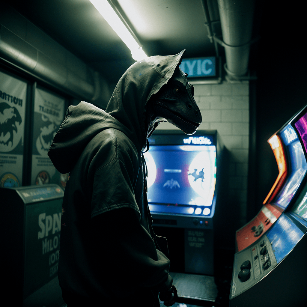 AI generated: dimly lit smelly underground passage full of trash and debris, hooded sporty thug dinosaur playing a...
