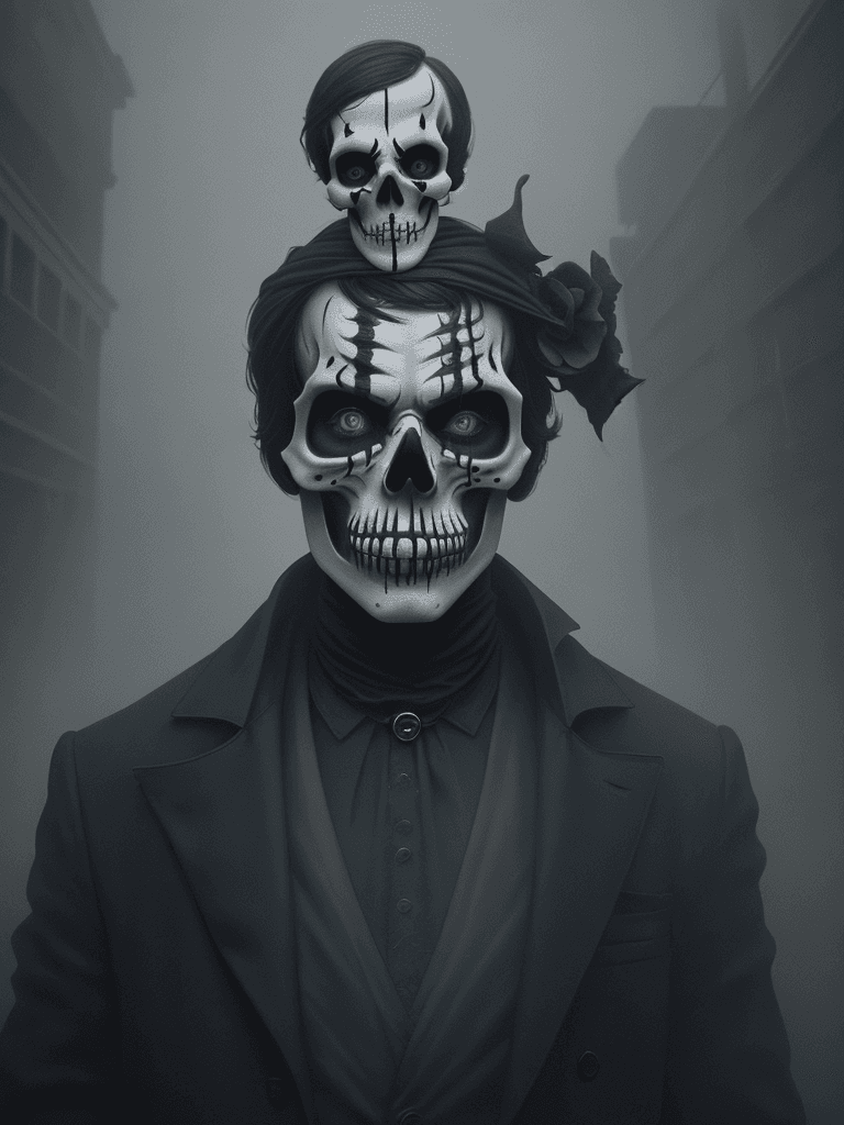 AI generated: breathtaking Artistic male in skull face paint, solo., under creepy evil fog. In a City burial backg...