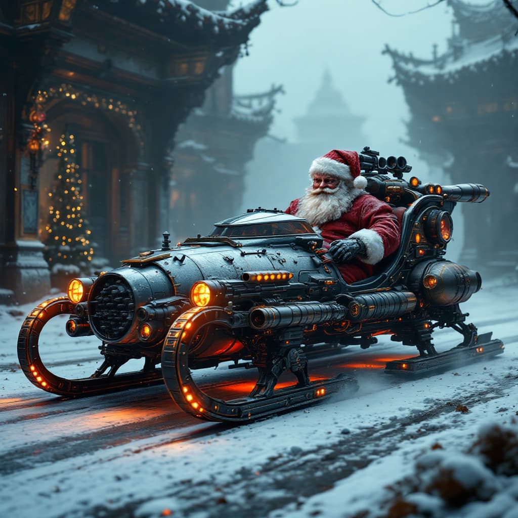 AI generated: General outline of a futuristic rocket powdered Santa’s sled with missles and machine guns on the si...