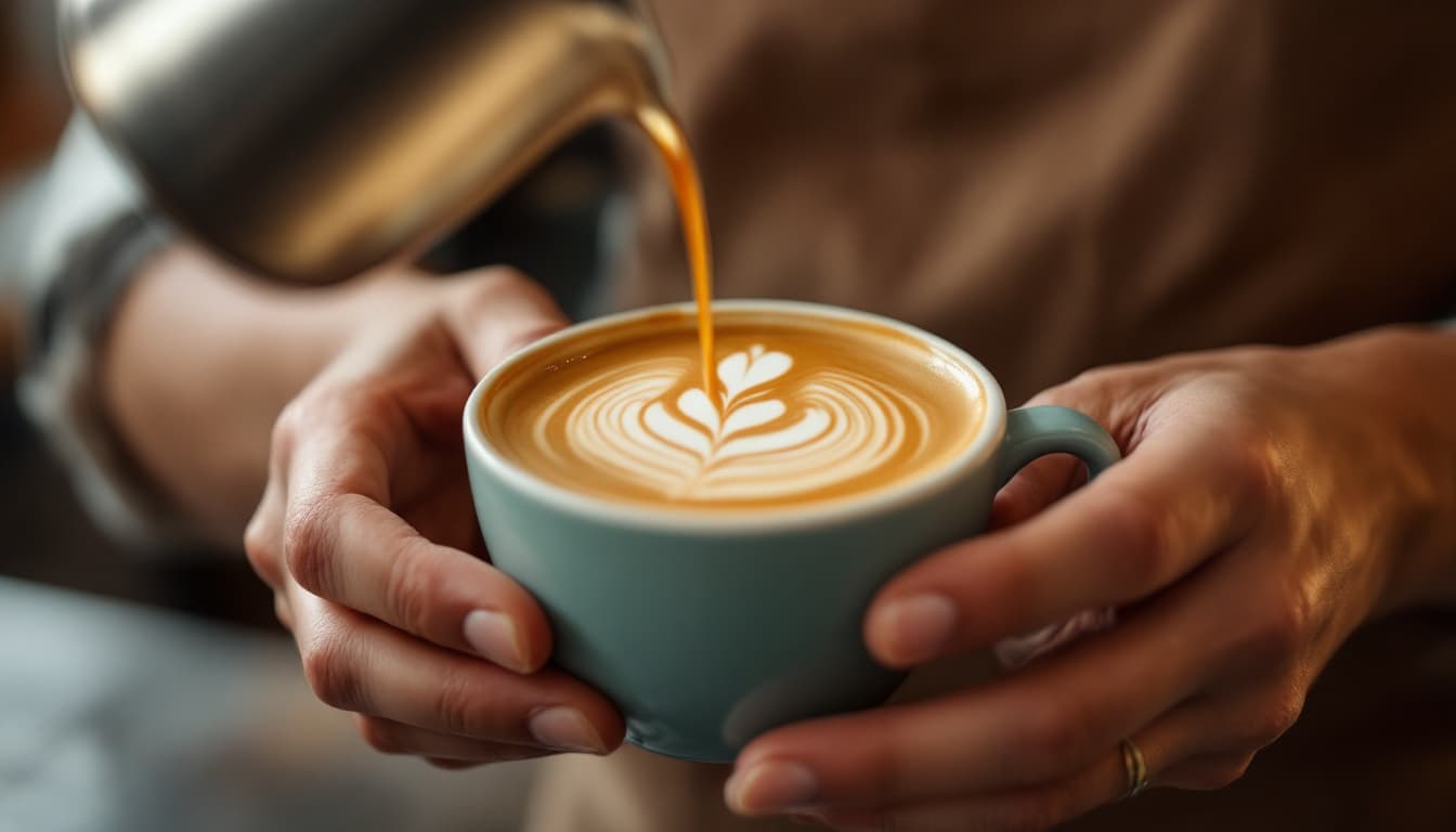AI generated: Close-up of a barista pouring latte art into a cup of coffee, warm tones.