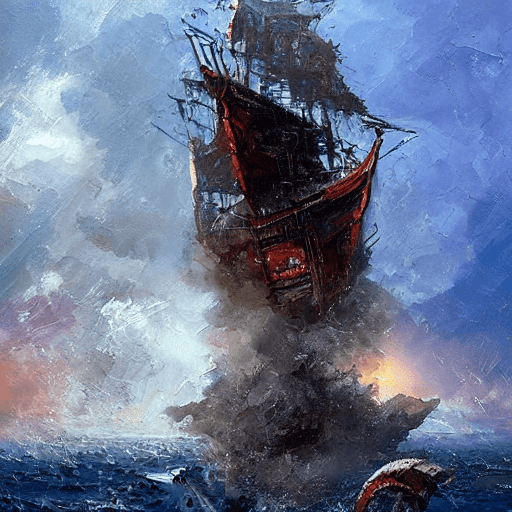 AI generated: oil painting with heavy impasto of a pirate ship and its captain, cosmic horror painting, color blue...