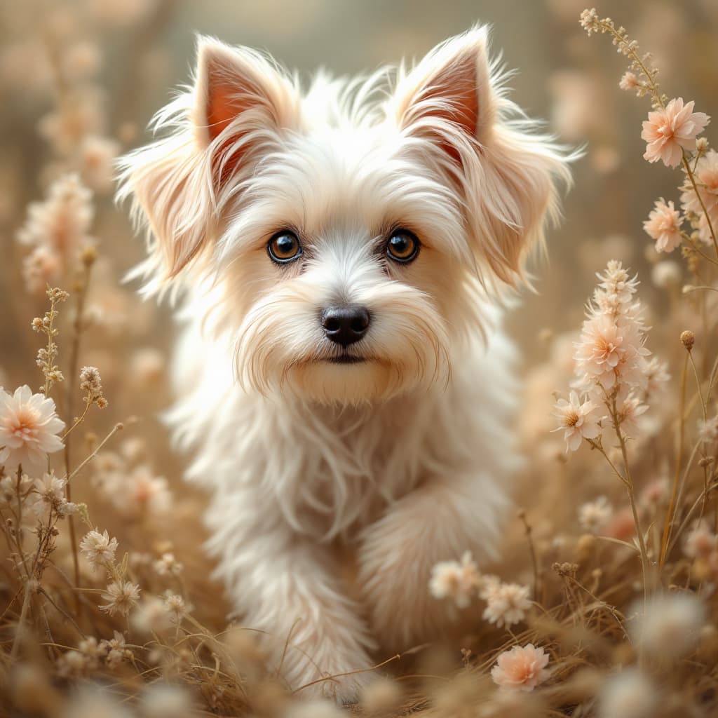 AI generated: Create a dog maltese, spring, run in a dreamy, rustic composition with warm earthy tones like soft g...