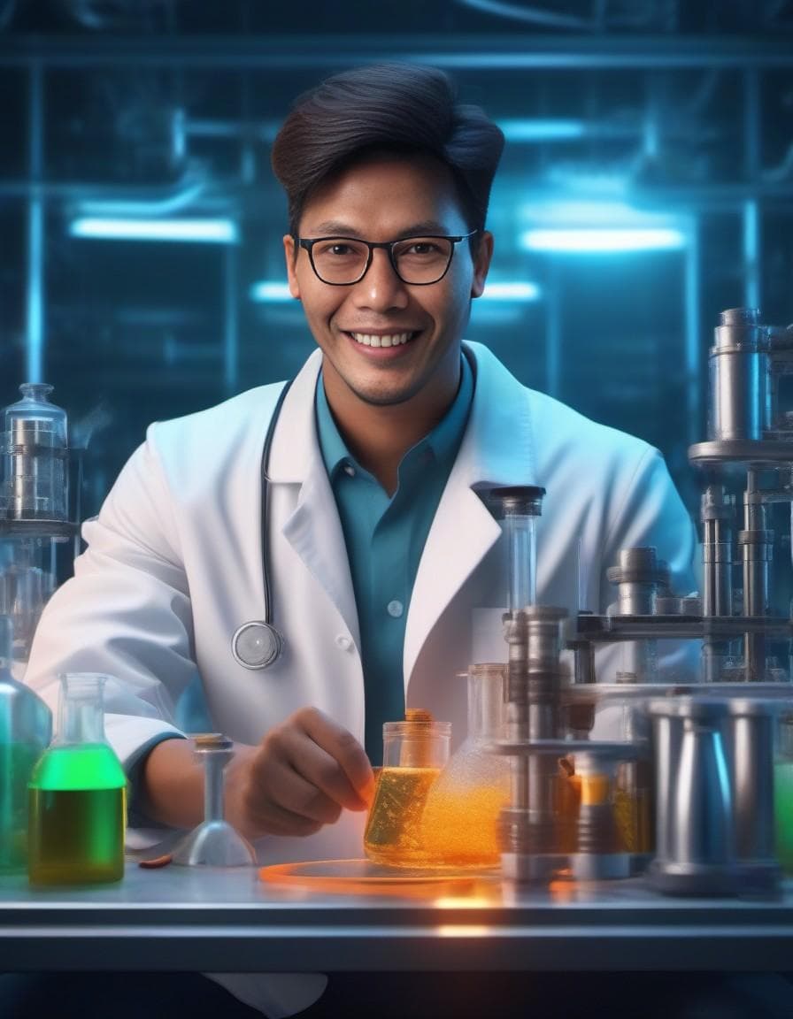 AI generated: epic realistic, scientist mixing a substance in a beaker, in a white coat, A futuristic laboratory, ...