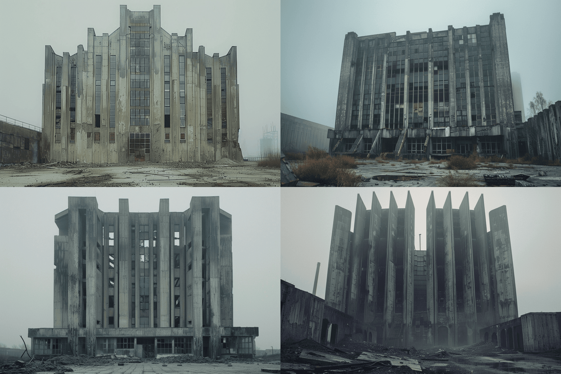 AI generated: A post-apocalyptic brutalist building with large windows and concrete walls, covered in dust and ash...