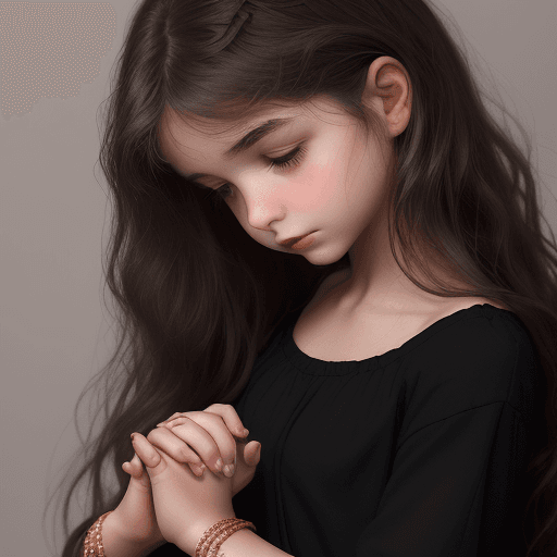AI generated: A young girl âge 5 ans with long wavy brunette hair rests her head on her clasped hands. She wears a...