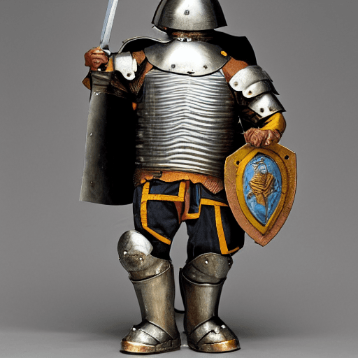 AI generated: Photograph of a small pig in an armor, wielding a sword and a shield, high detailed and ornamented