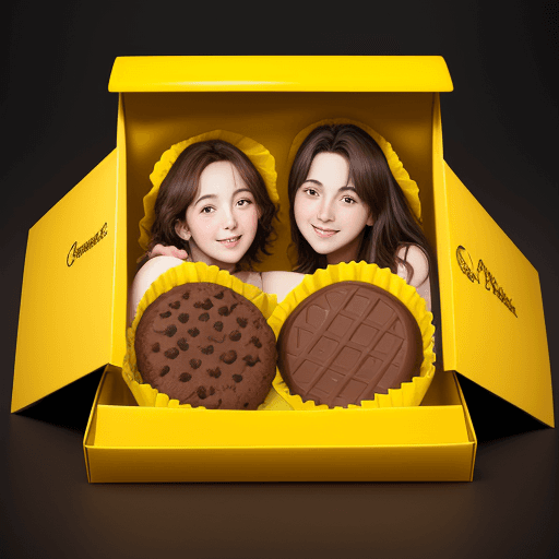 AI generated: friends sharing a chocolat cookie box on a yellow background, with chocolat cover, professional stud...