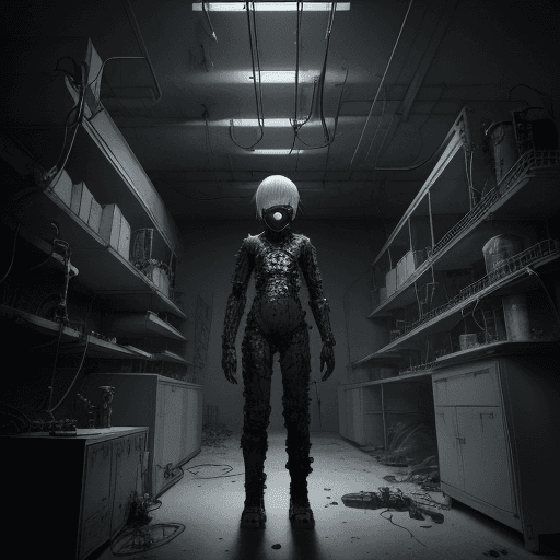 AI generated: hyper realistic of young boy, in a morbid detailed apocalyptic futuristic white laboratory in the st...