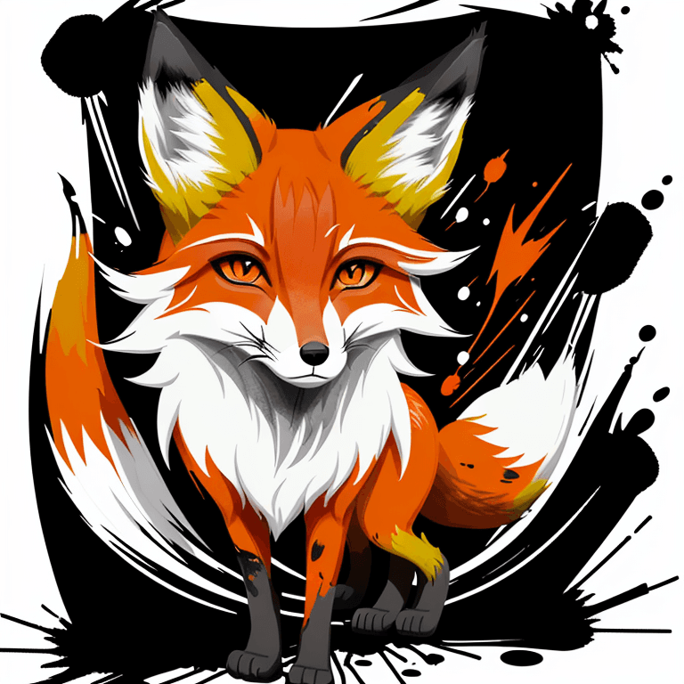 AI generated: The image features a stylized fox logo on a black background with splattered paint.