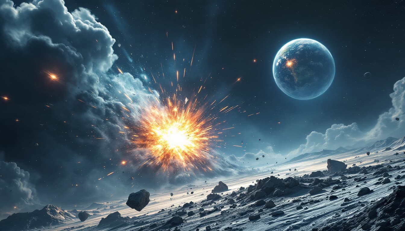 AI generated: A dramatic scene depicts an interstellar planet crashing into the Earth's surface, with the planet i...