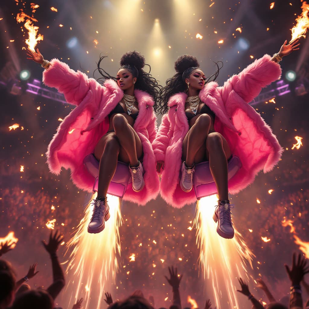 AI generated: black twin sisters on stage, anime, dressed like rappers, flying on jetpacks, wearing pink fur coats...