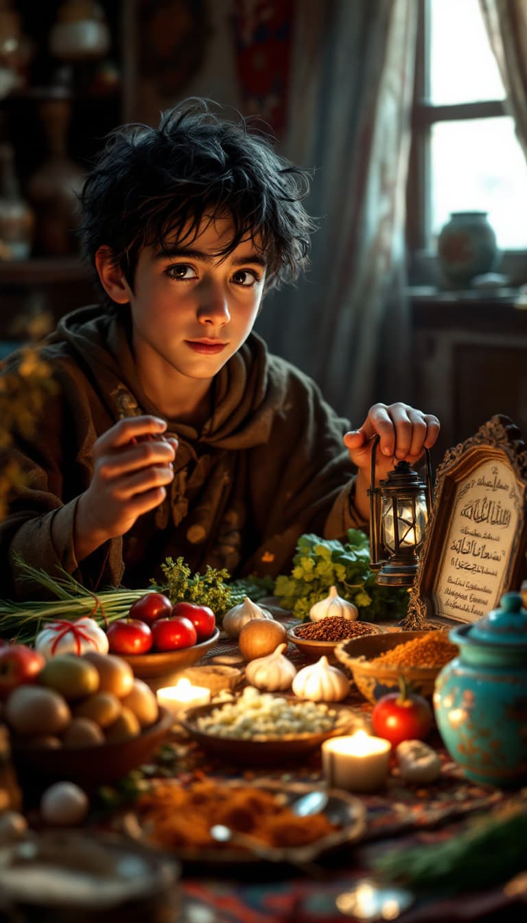 AI generated: Shot Type: Medium
Description: Inside a cozy room with woven Persian rugs, Norooz, a 10-year-old boy...