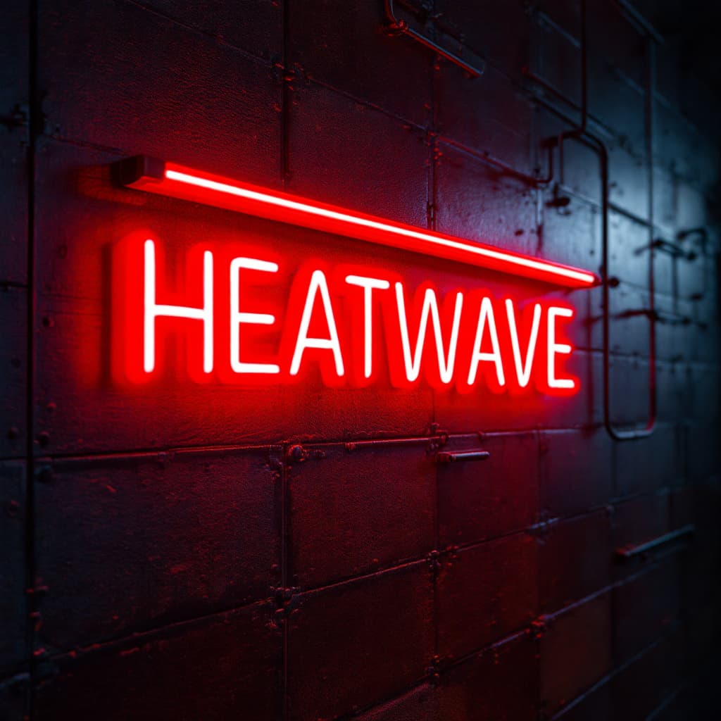 AI generated: hyper realistic red tube light writing in a bright industrial bar with the text - HEATWAVE