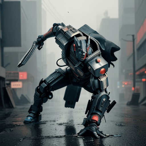 AI generated: /imagine prompt:painting style, urbanpunk, low angle shot, a cybernetic samurai Optimus Prime in a p...