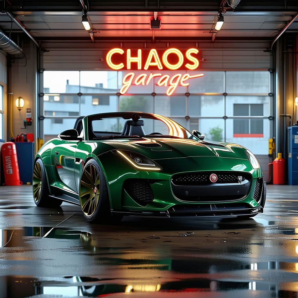 AI generated: General outline of a latest model british racing green jaguar ftype convertible in steampunk style, ...