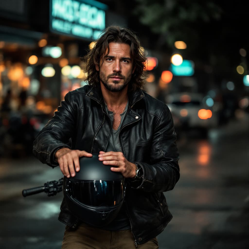 AI generated: photo of a middle-aged colombian long hair, 27 years old man, full body, wearing worn-out:1.2 leathe...
