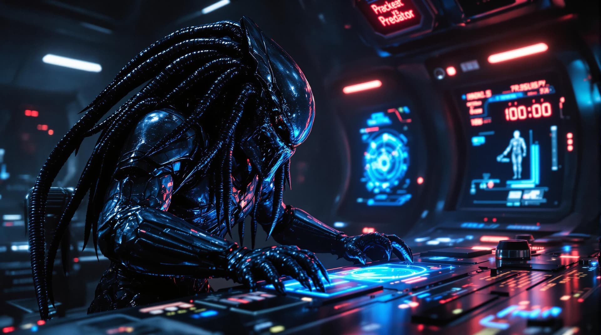 AI generated: a highly detailed cinematic rendering of a predator from the movie alien vs predator, a futuristic h...