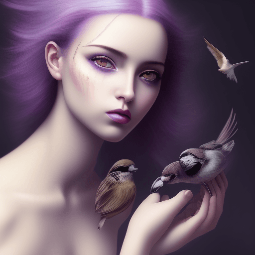 AI generated: gentle makeup, girl with purple hair, bird girl, sexy girl, beautiful girl, naked, big breasts, big ...