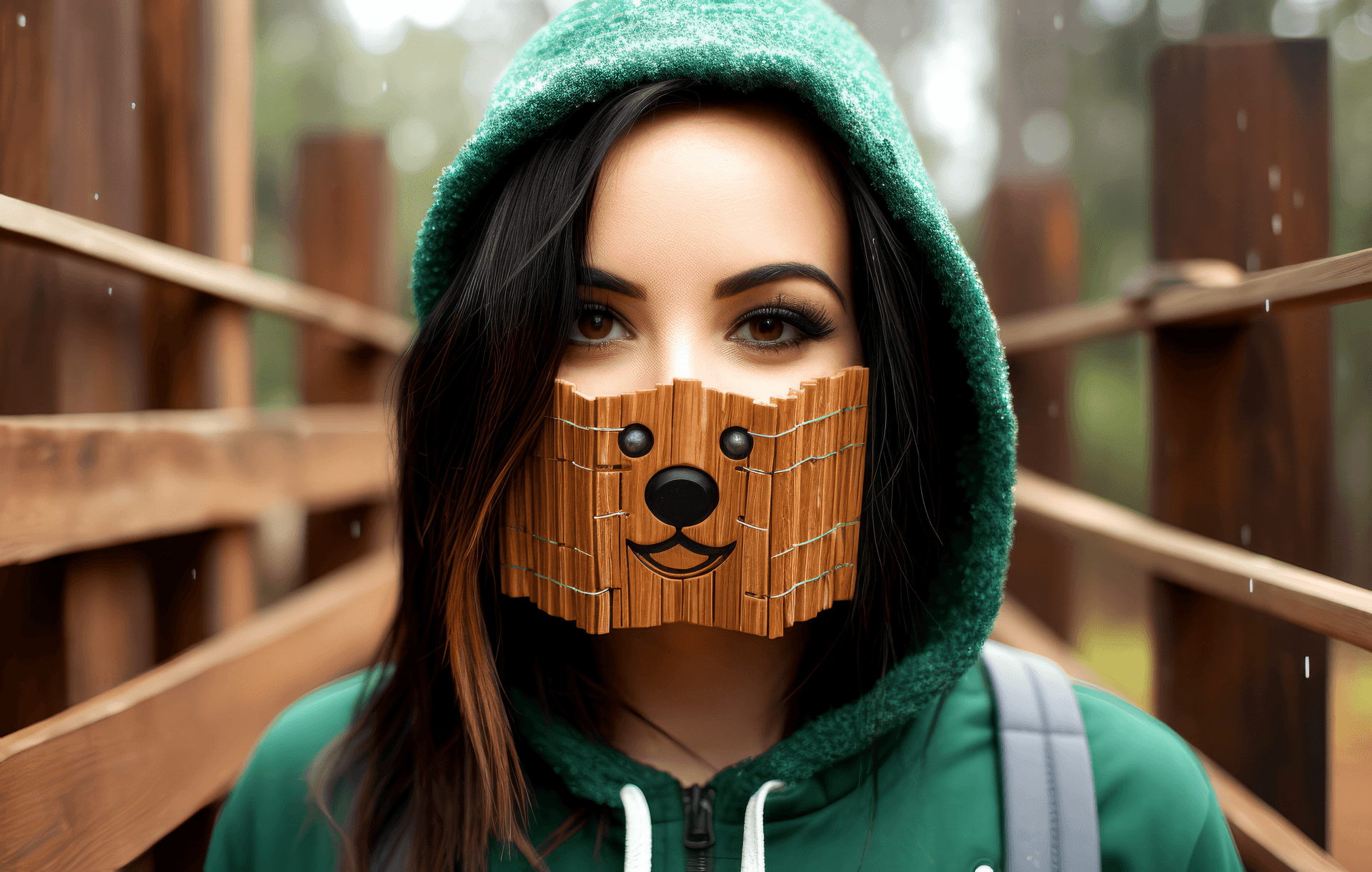 AI generated: a woman stands in front of a wooden fence wearing an emerald panda bear mask, in the style of seapun...