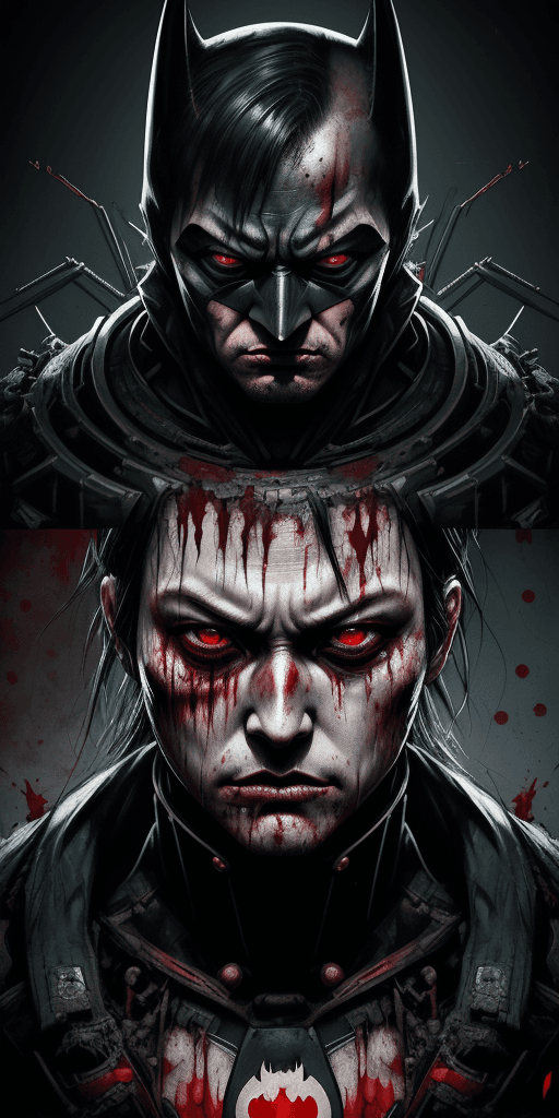 AI generated: Overlay Japanese type. A poster with of batman the dark knight extremely detailed eyes and face,port...